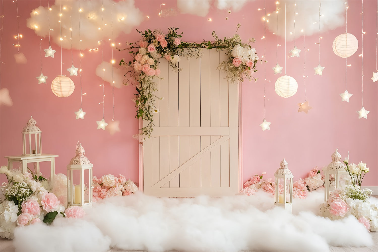 Pink Barn Backdrop Pink Cloud Lantern Lights Backdrop UK CSH4-227