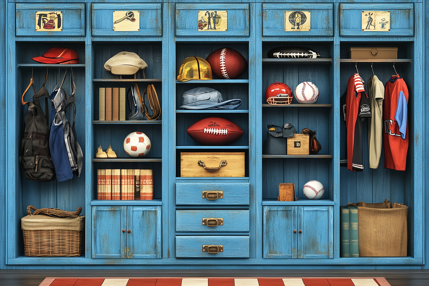 Sports Theme Backdrop Vintage Blue Sports Gear Backdrop UK CSH4-365