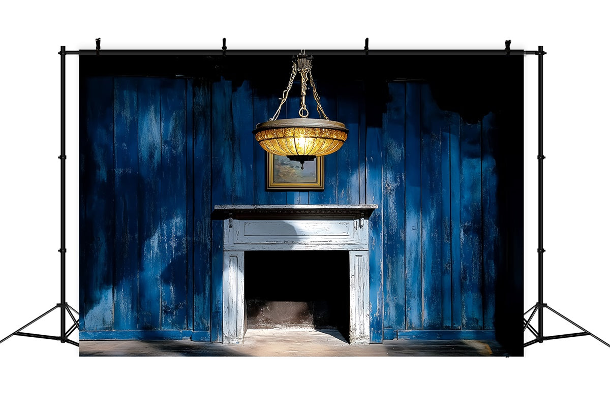 Retro Backdrop Blue Wooden Wall Fireplace Vintage Backdrops UK CSH4-398