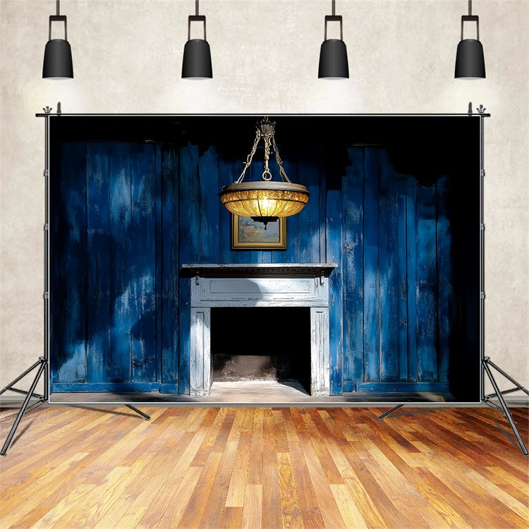 Retro Backdrop Blue Wooden Wall Fireplace Vintage Backdrops UK CSH4-398