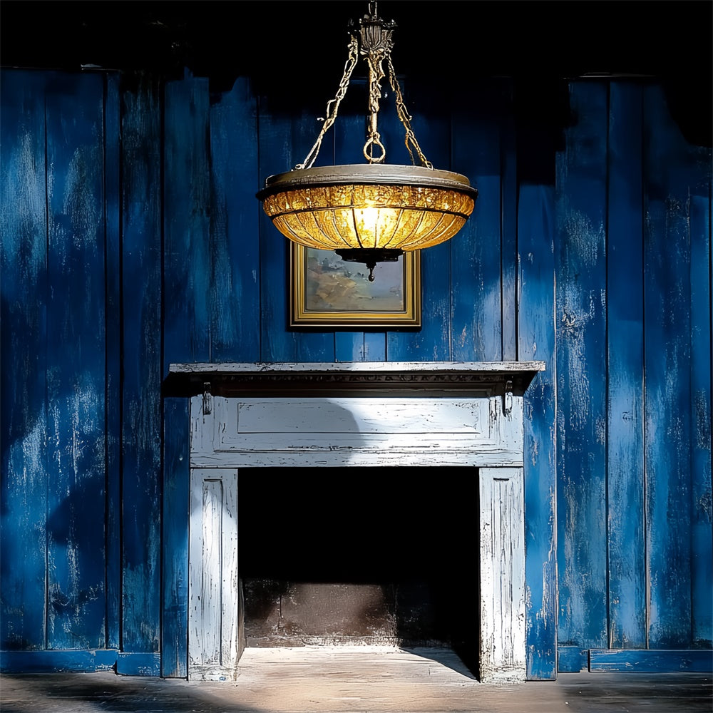 Retro Backdrop Blue Wooden Wall Fireplace Vintage Backdrops UK CSH4-398