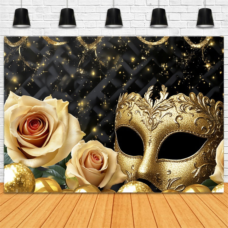Masquerade Party Backdrop Elegant Gold Mask Rose Backdrop UK CSH5-219