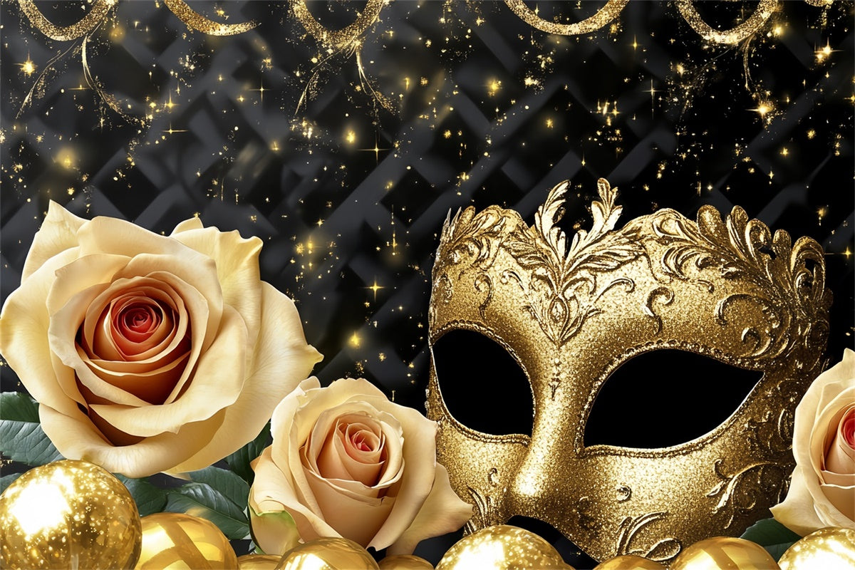 Masquerade Party Backdrop Elegant Gold Mask Rose Backdrop UK CSH5-219