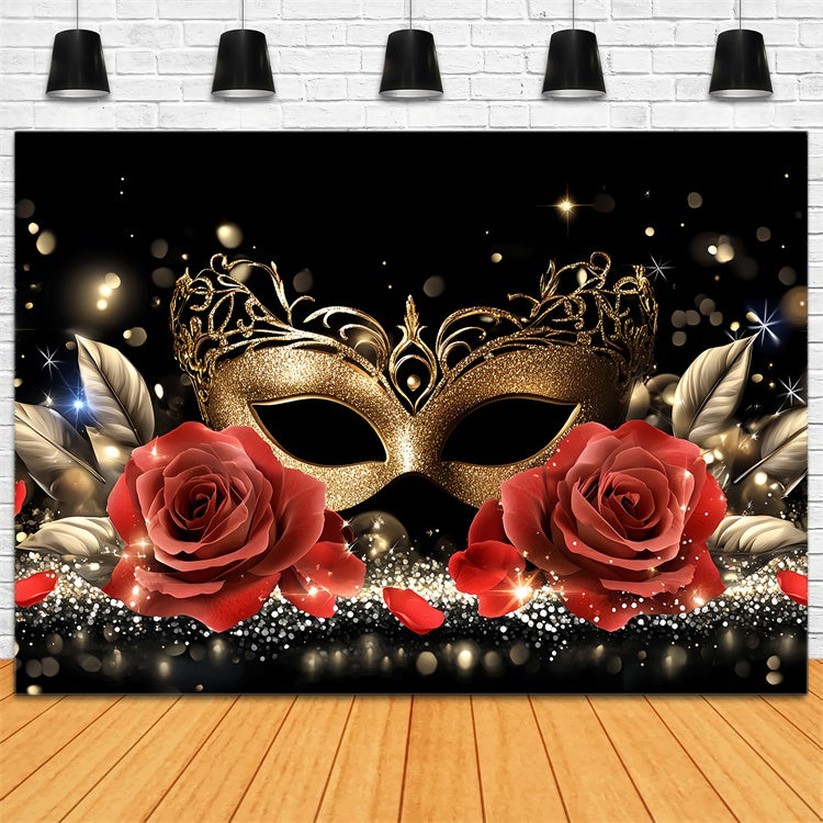 Masquerade Photo Backdrop Gold Mask Romantic Rose Backdrop UK CSH5-223