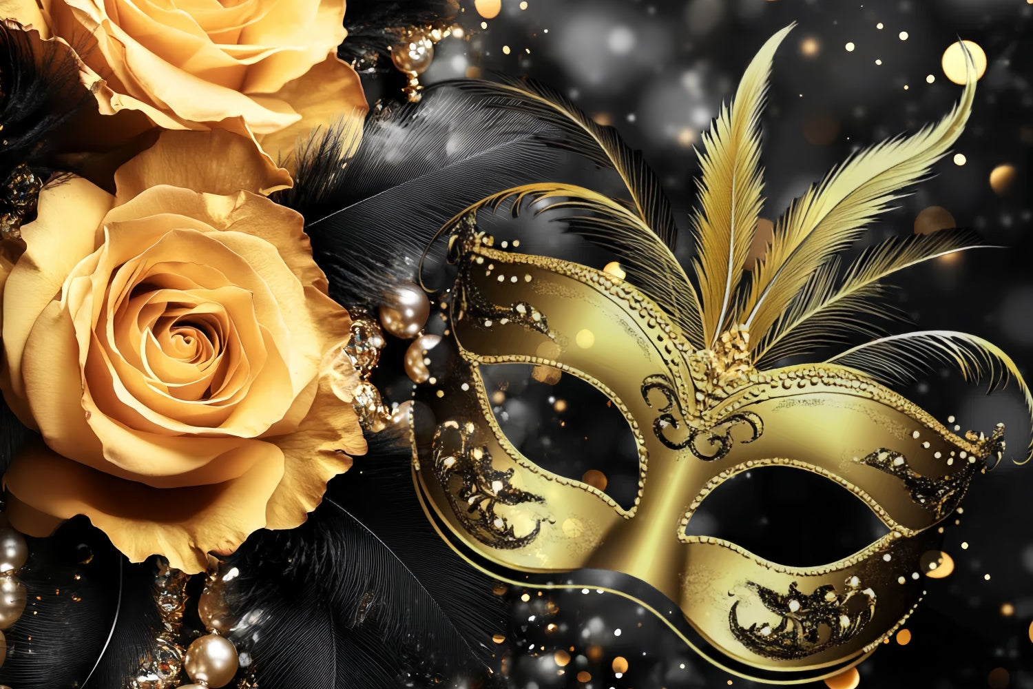 Masquerade Party Ideas Black Feather Floral Mask Backdrop UK CSH5-228