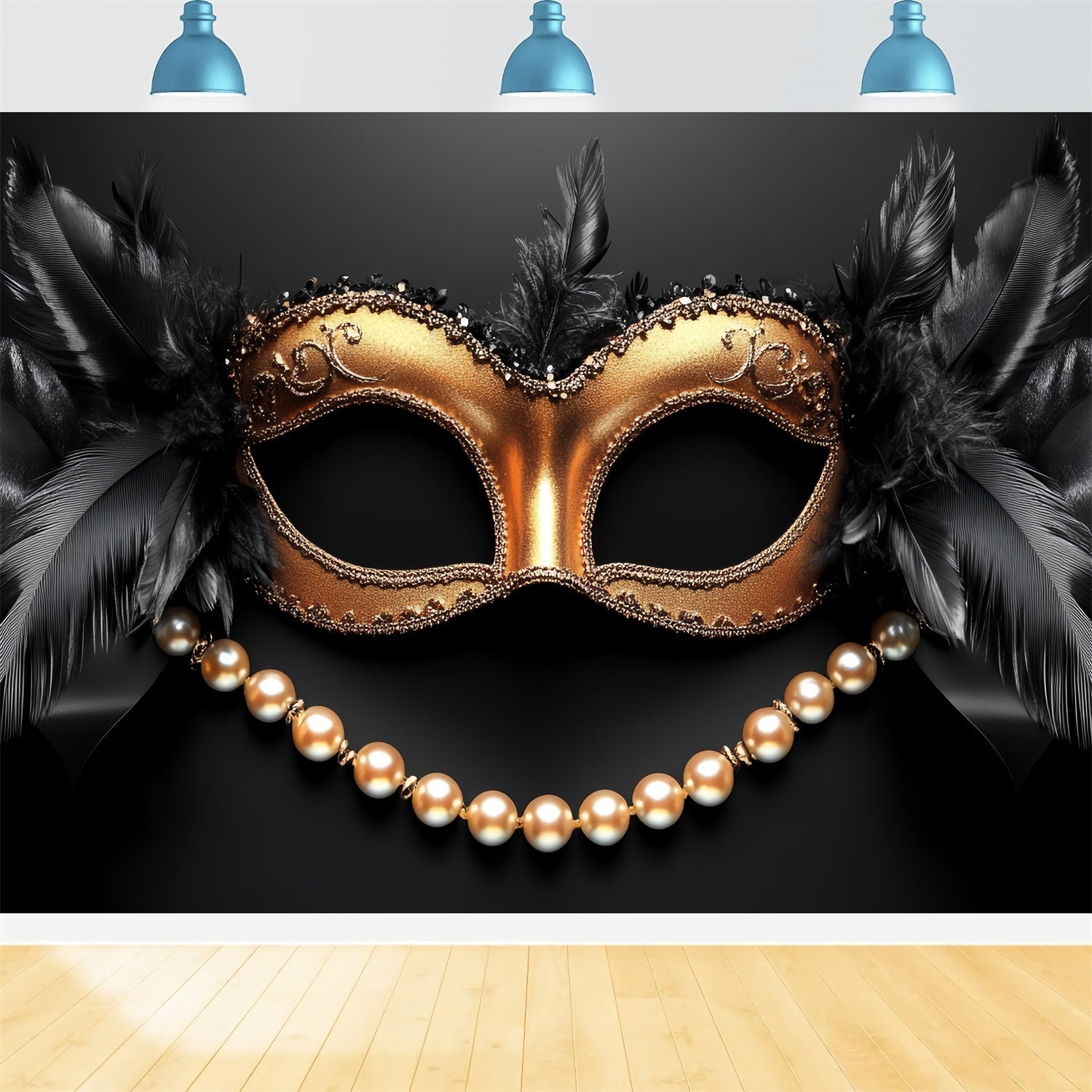 Masquerade Party Backdrop Black Feather Gold Pearl Backdrop UK CSH5-230