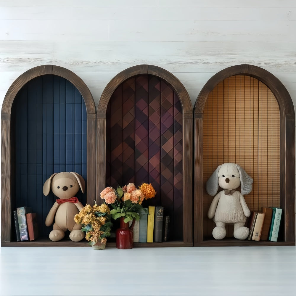 Bookshelf Backdrop Arched Shelf Plush Toys Books Back to School Backdrop UK CSH58-121