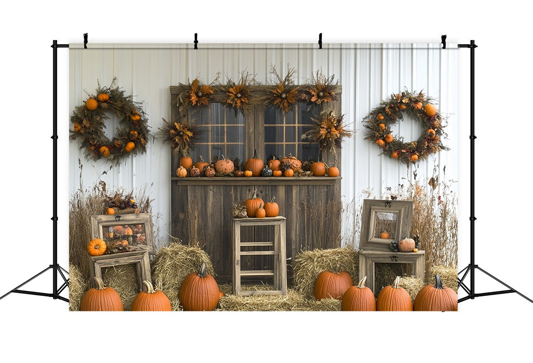 Thanksgiving Backdrop Pumpkin Wreath Rustic Barn Backdrop For Thanksgiving UK CSH58-122