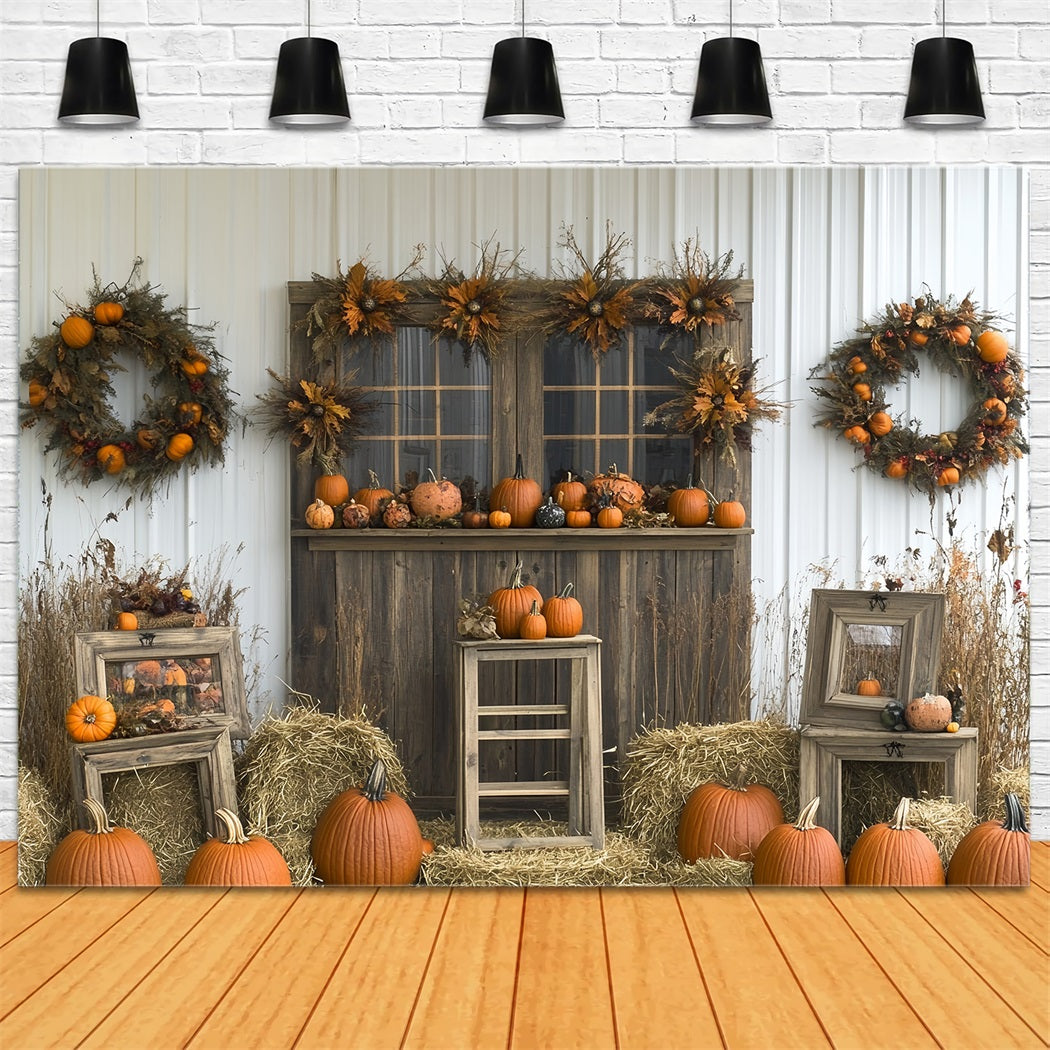 Thanksgiving Backdrop Pumpkin Wreath Rustic Barn Backdrop For Thanksgiving UK CSH58-122