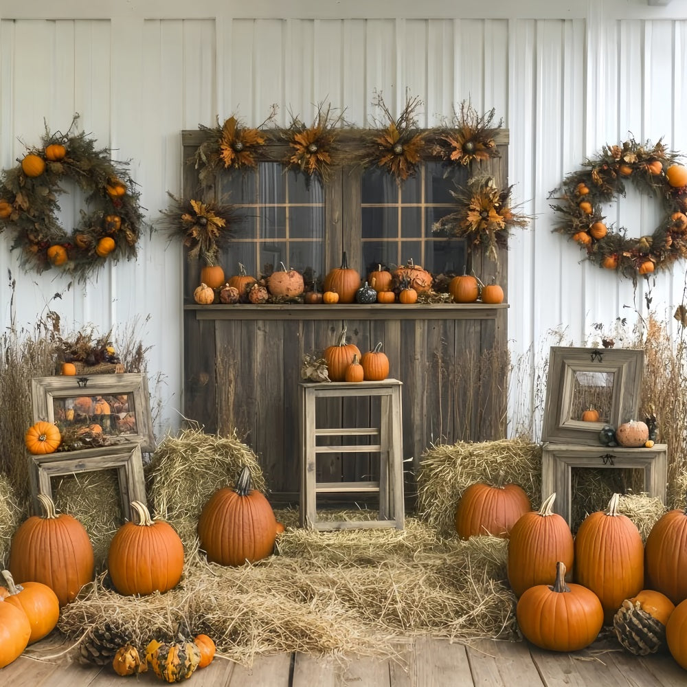 Thanksgiving Backdrop Pumpkin Wreath Rustic Barn Backdrop For Thanksgiving UK CSH58-122