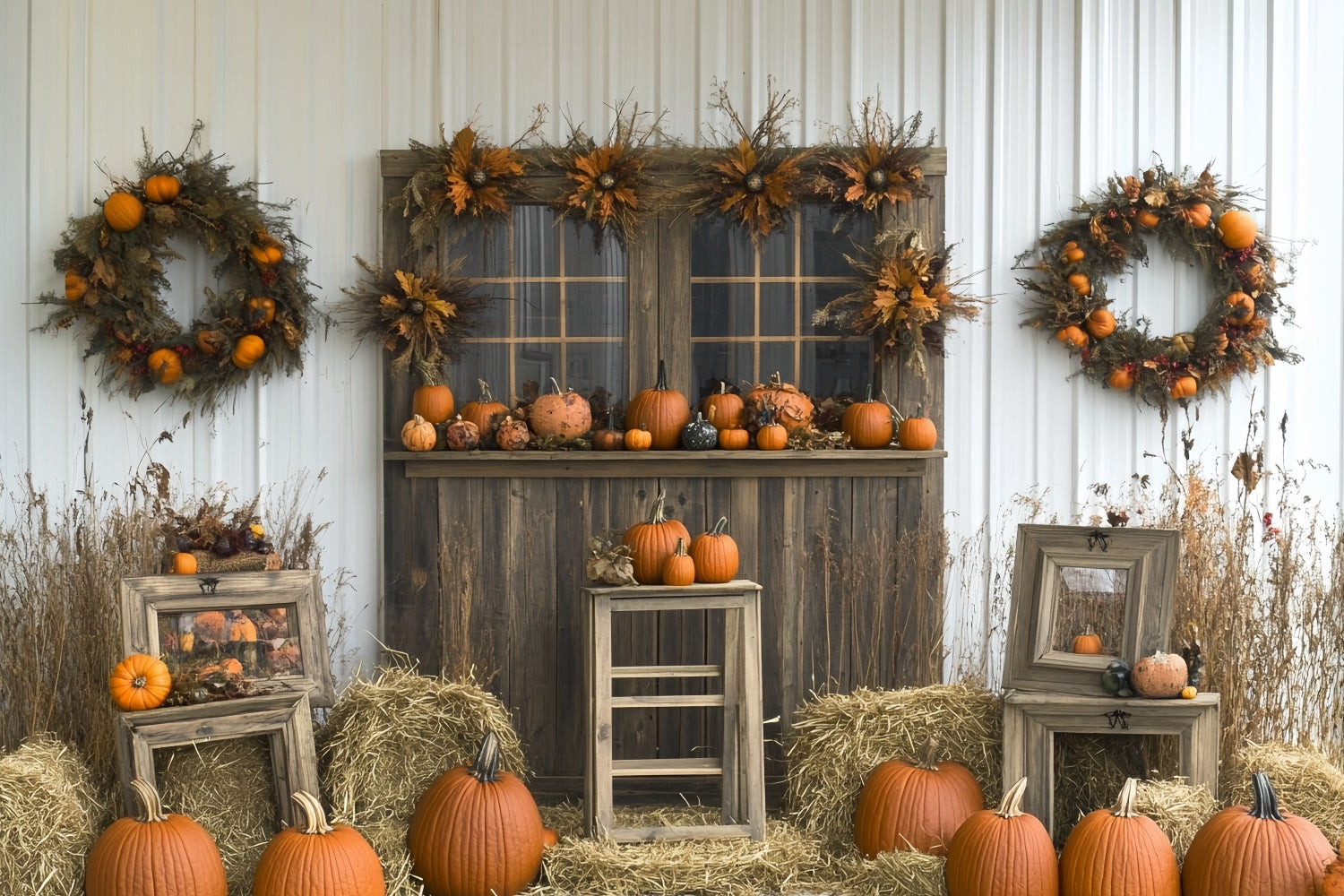 Thanksgiving Backdrop Pumpkin Wreath Rustic Barn Backdrop For Thanksgiving UK CSH58-122