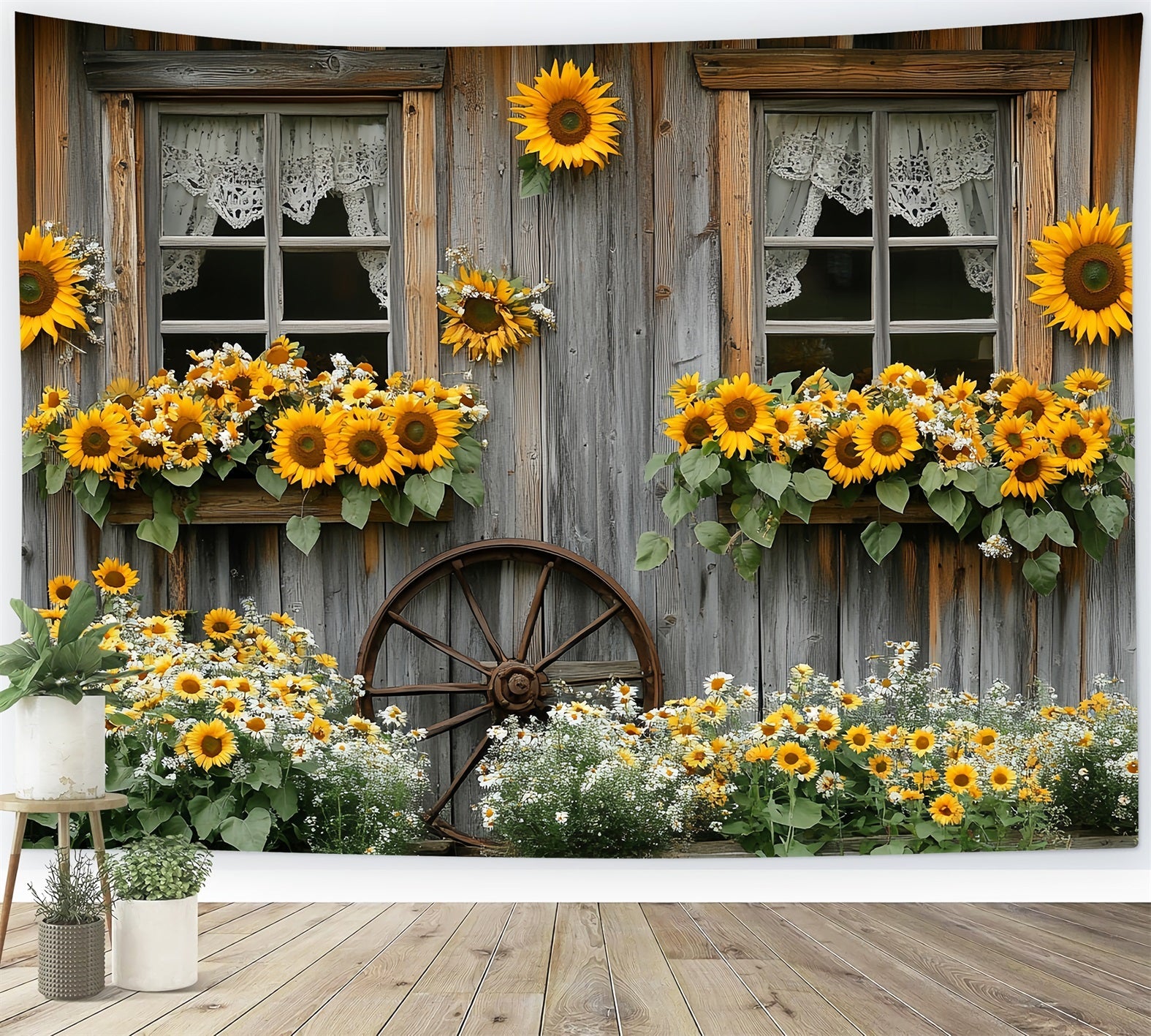 Sunflower Backdrop Rustic Cottage Window Bloom Thanksgiving Backdrop UK CSH58-128