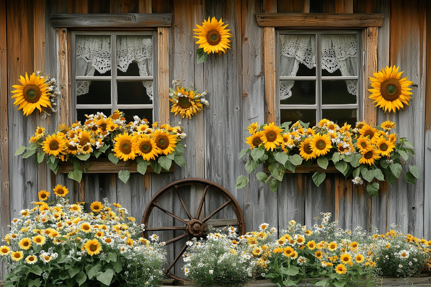 Sunflower Backdrop Rustic Cottage Window Bloom Thanksgiving Backdrop UK CSH58-128