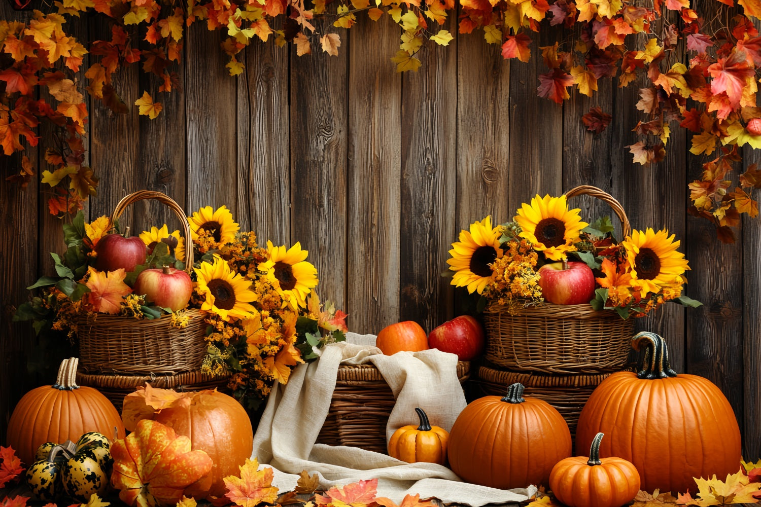 Rustic Backdrop Sunflower Apple Basket Pumpkins Thanksgiving Day Backdrop UK CSH58-139