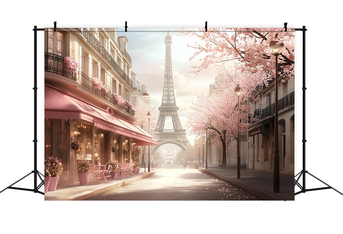 Eiffel Tower Backdrop Romantic Spring Pink Blossom Street Paris Cafe Photo Backdrop UK CSH58-14
