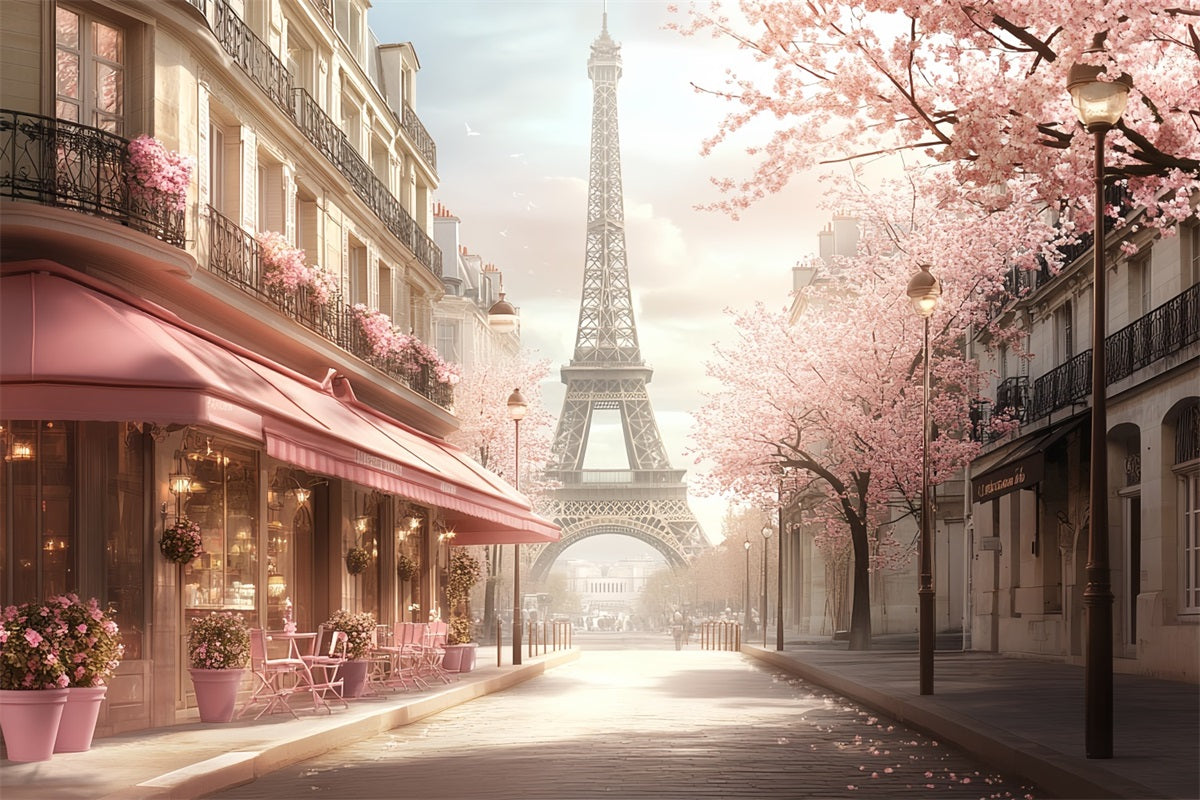 Eiffel Tower Backdrop Romantic Spring Pink Blossom Street Paris Cafe Photo Backdrop UK CSH58-14