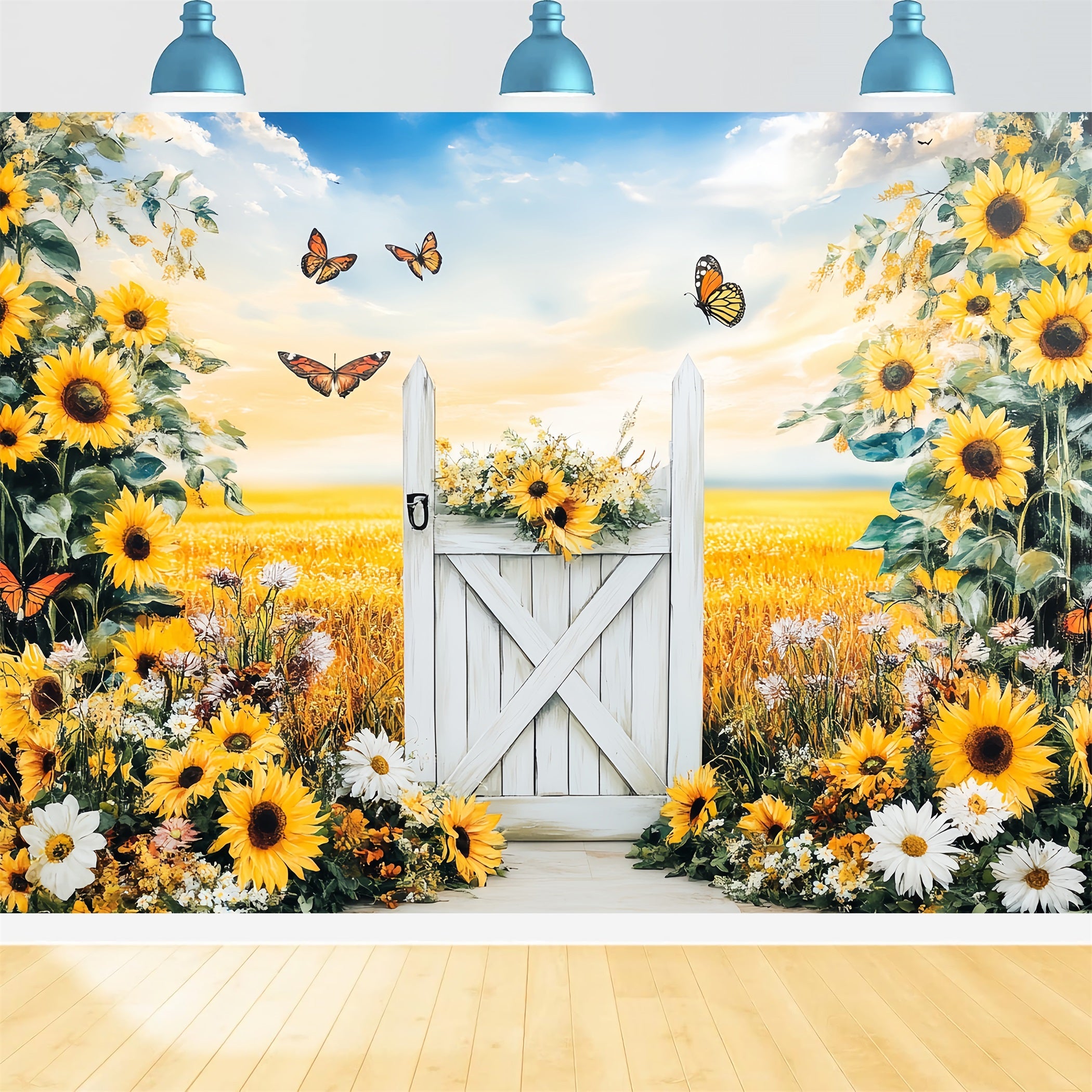 Rustic Backdrop Sunflower Meadow White Gate Thanksgiving Backdrop Ideas UK CSH58-140