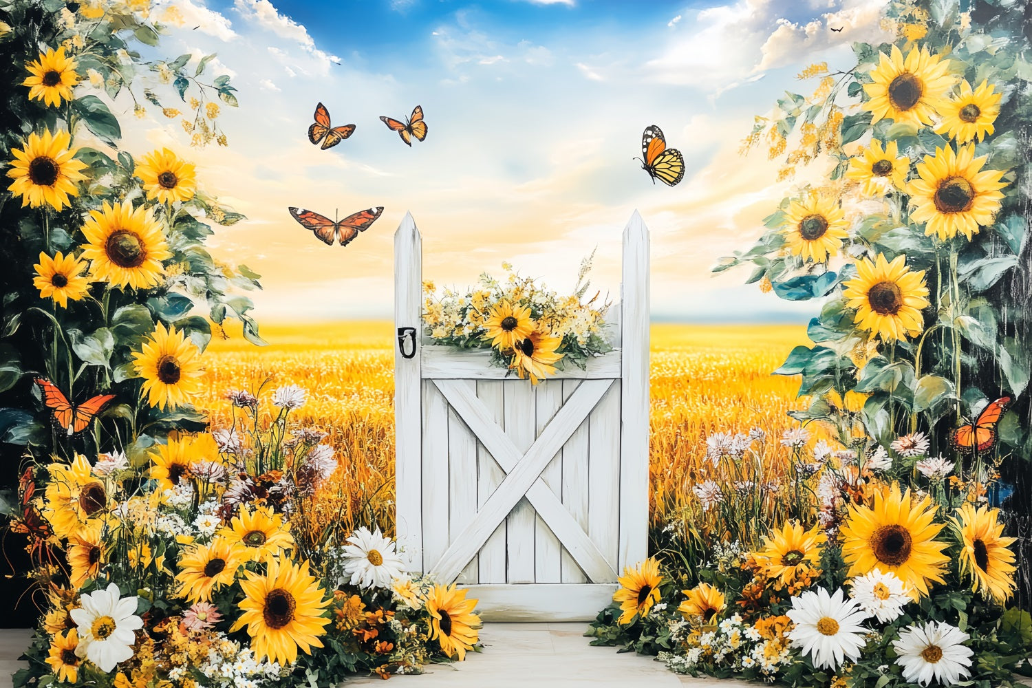 Rustic Backdrop Sunflower Meadow White Gate Thanksgiving Backdrop Ideas UK CSH58-140