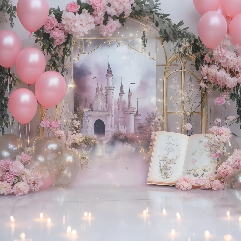 Once Upon a Time Backdrop Pink Castle Balloons Dreambook Newborn Backdrop UK CSH58-236