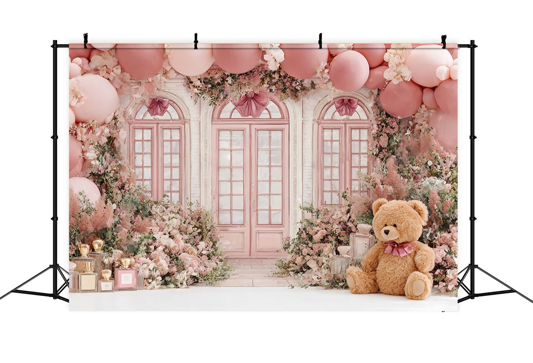 Children Cute Backdrop Pink Teddy Floral Balloon Shop Children Backdrops UK CSH58-241
