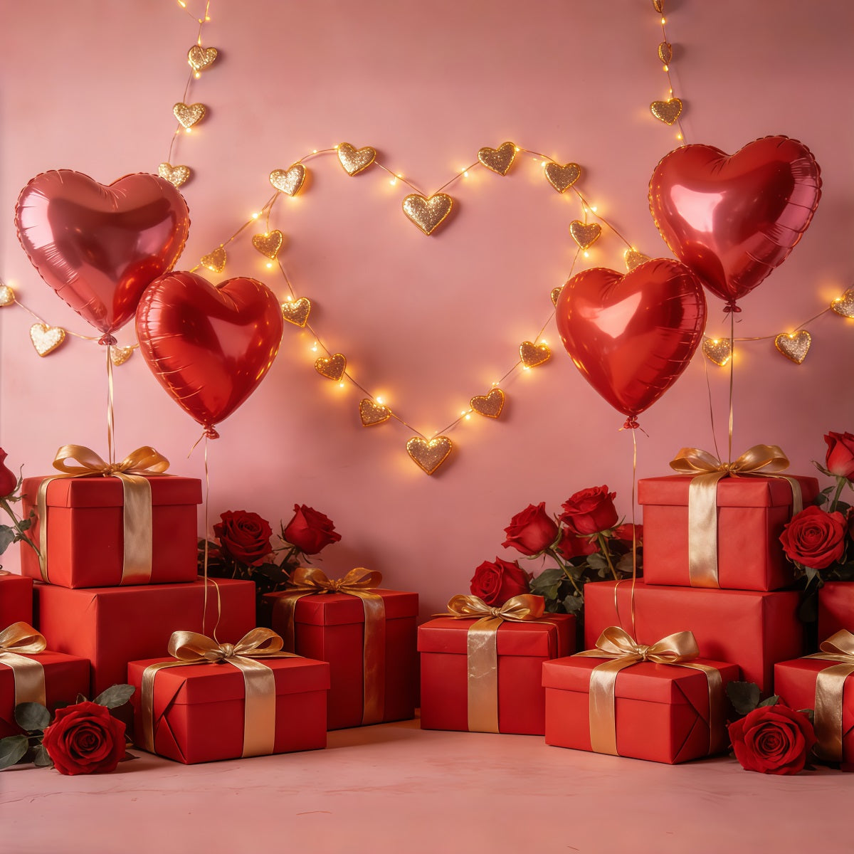 Gift Box Valentine Backdrop Floating Heart Balloons Arrangement Romantic Backdrops UK CSH61-101