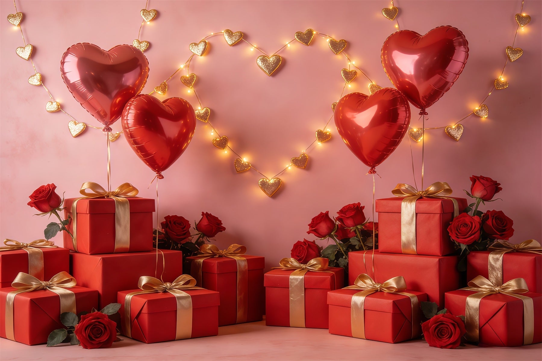 Gift Box Valentine Backdrop Floating Heart Balloons Arrangement Romantic Backdrops UK CSH61-101