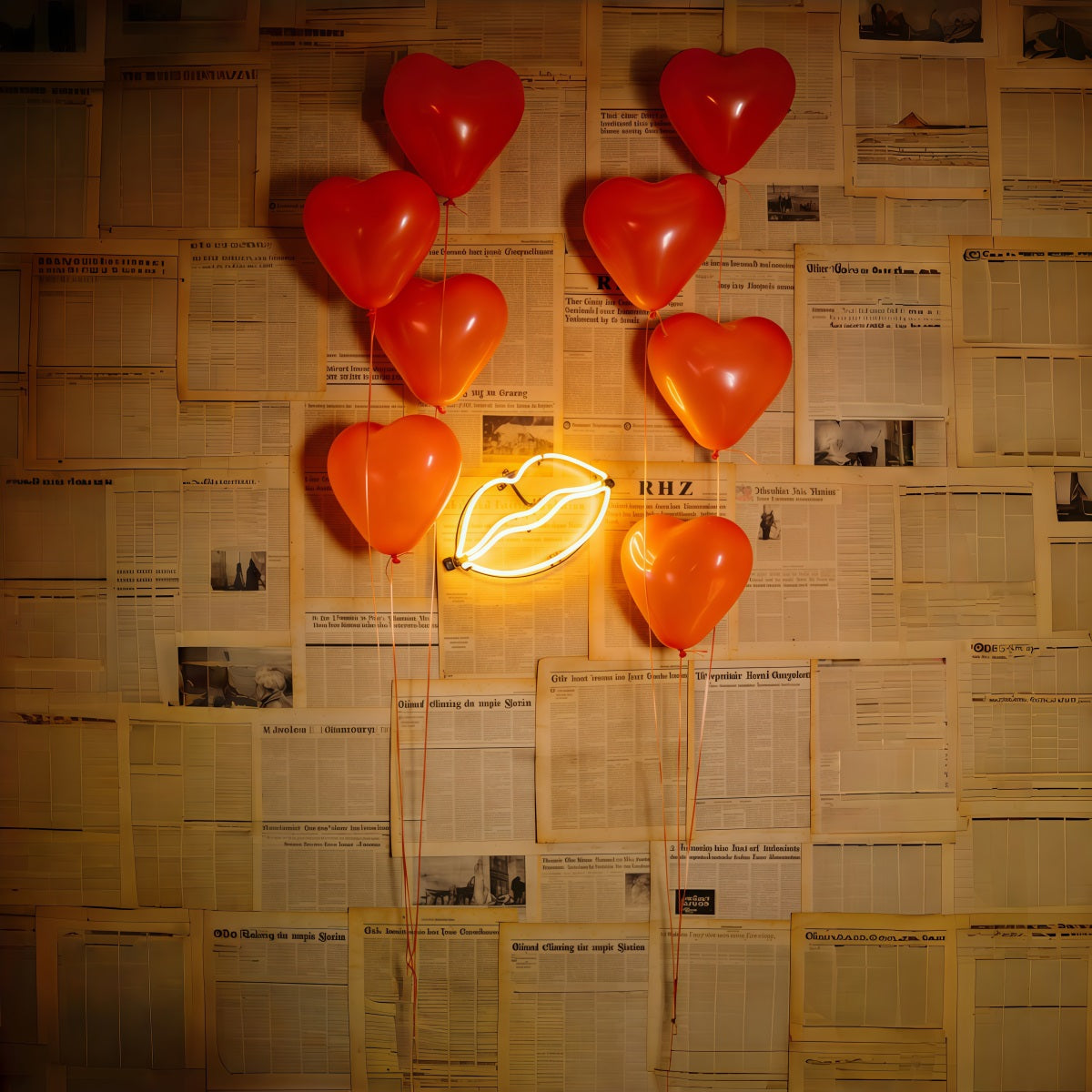 Newspaper Valentine's Day Backdrop Heart Balloons Neon Lips Valentine's Day Backdrop Ideas UK CSH61-109