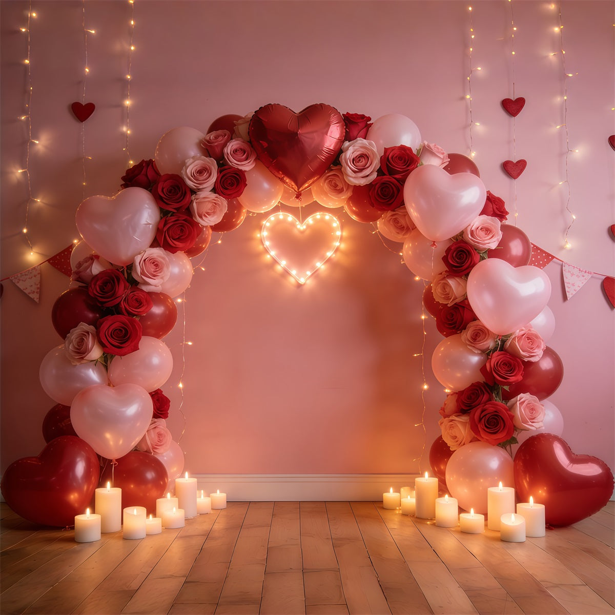 Floral Arch Valentine's Day Backdrop Rose Heart Balloon Arch Romantic Photo Backdrop UK CSH61-113