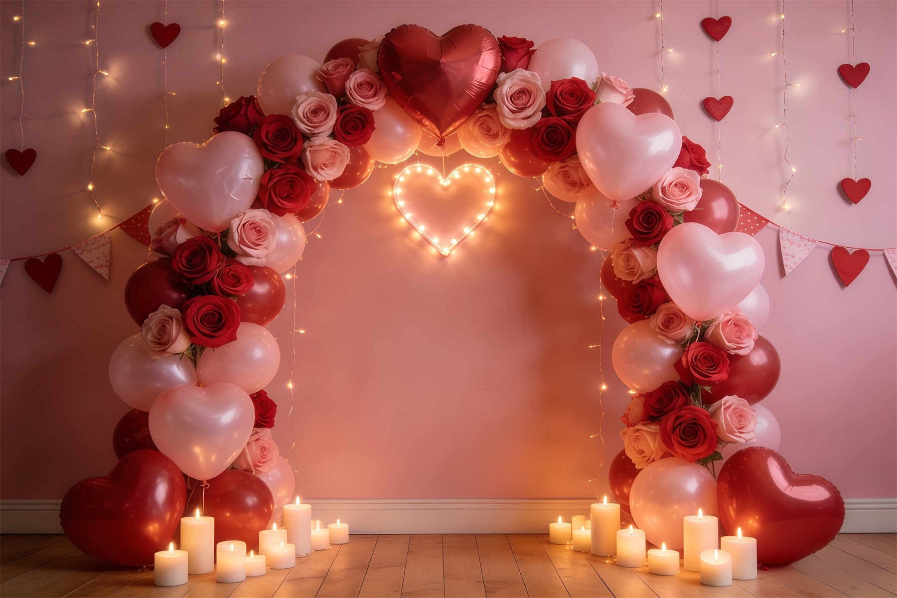 Floral Arch Valentine's Day Backdrop Rose Heart Balloon Arch Romantic Photo Backdrop UK CSH61-113