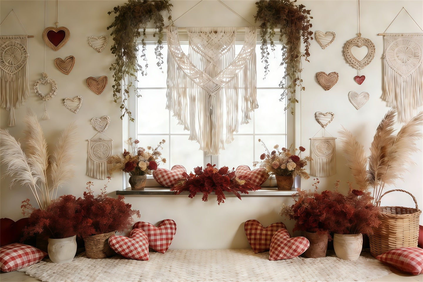 Boho Floral Valentine's Day Backdrop Macrame Heart Window Valentine Backdrop For Pictures UK CSH61-117