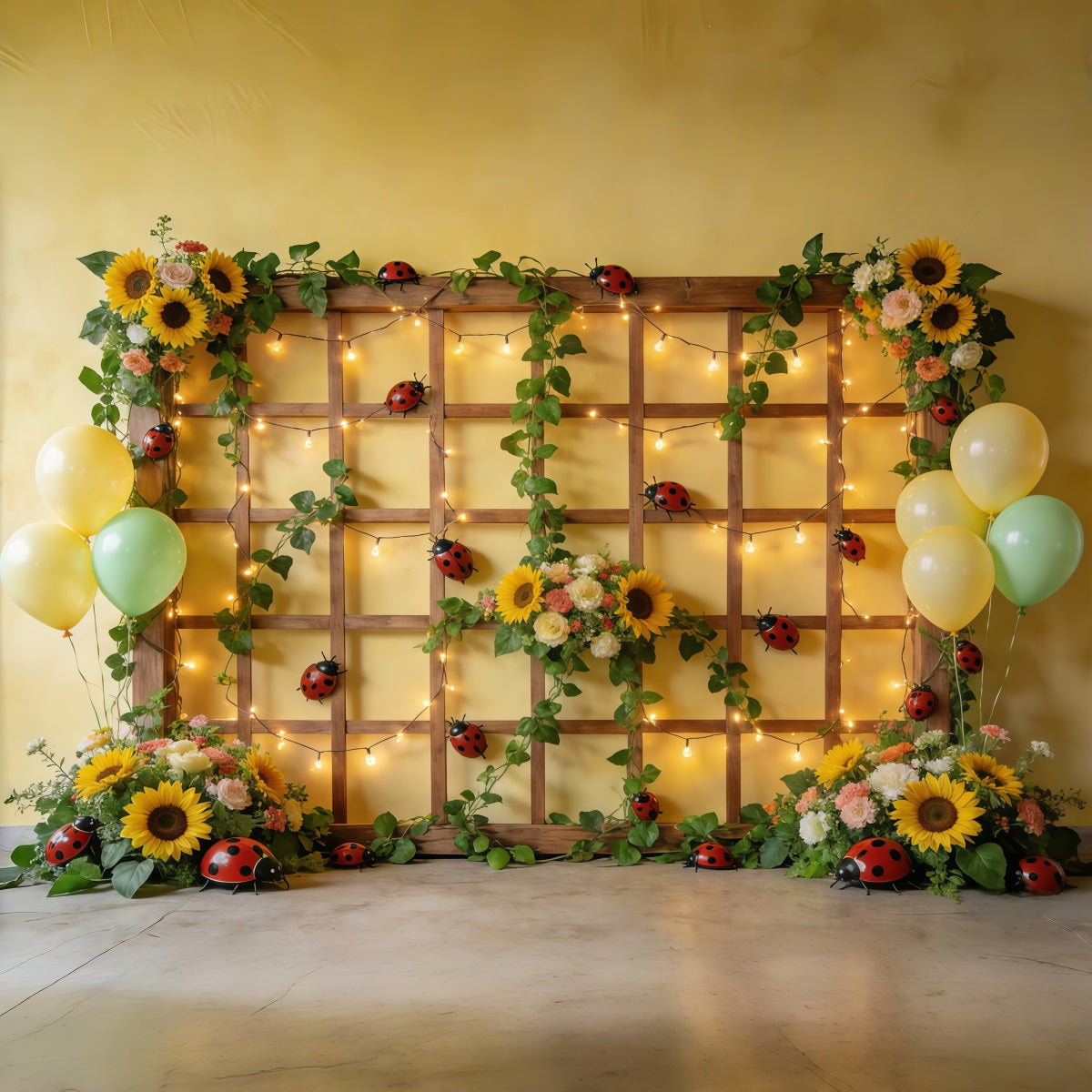 Ladybug Photo Backdrop Sunflower Trellis Balloon Lights Spring Photo Backdrop UK CSH61-149