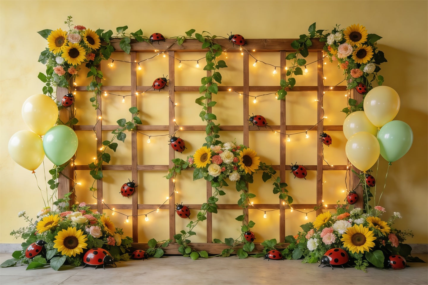 Ladybug Photo Backdrop Sunflower Trellis Balloon Lights Spring Photo Backdrop UK CSH61-149