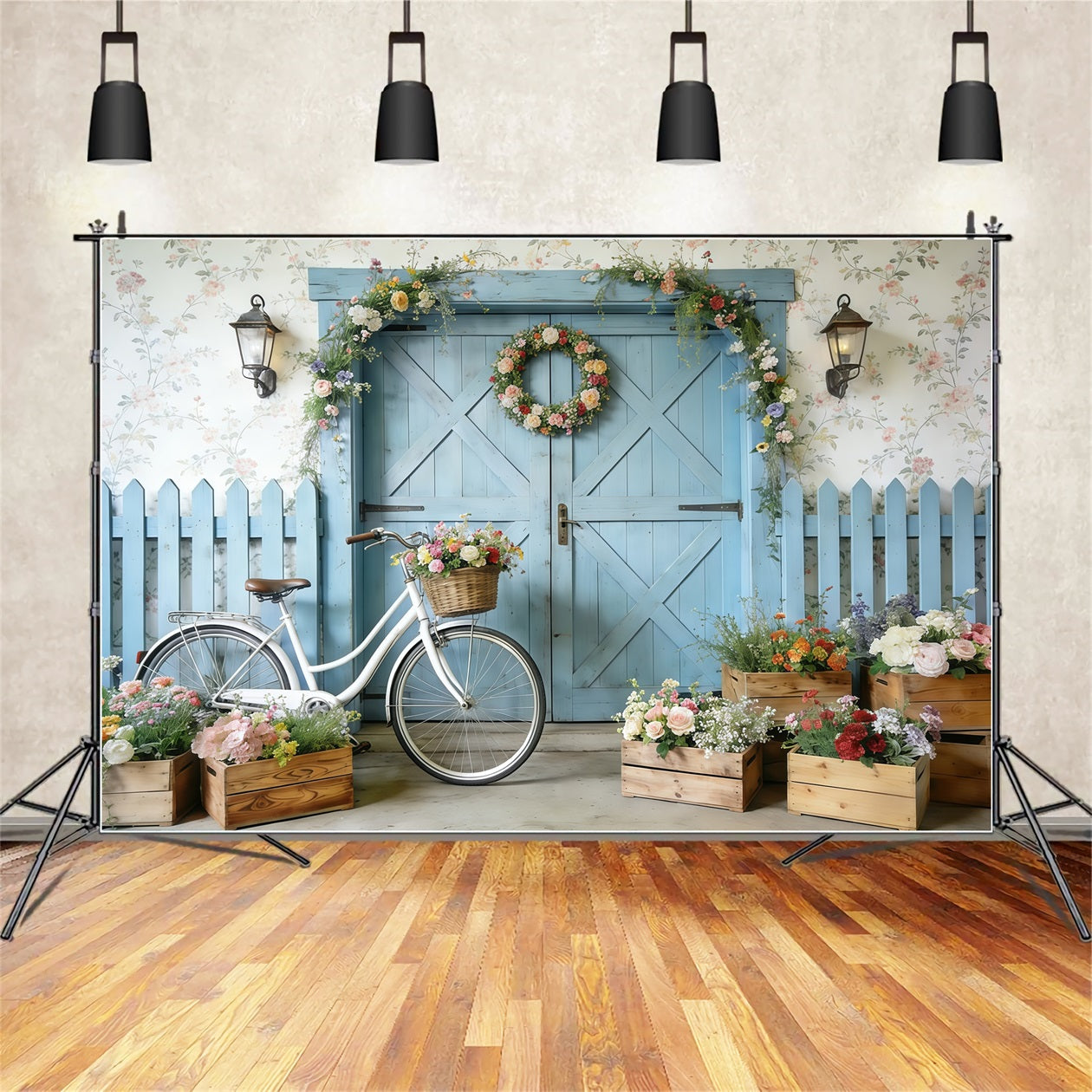 Bicycle Backdrop Blue Barn Door Bicycle Blooms Spring Backdrops UK CSH61-152