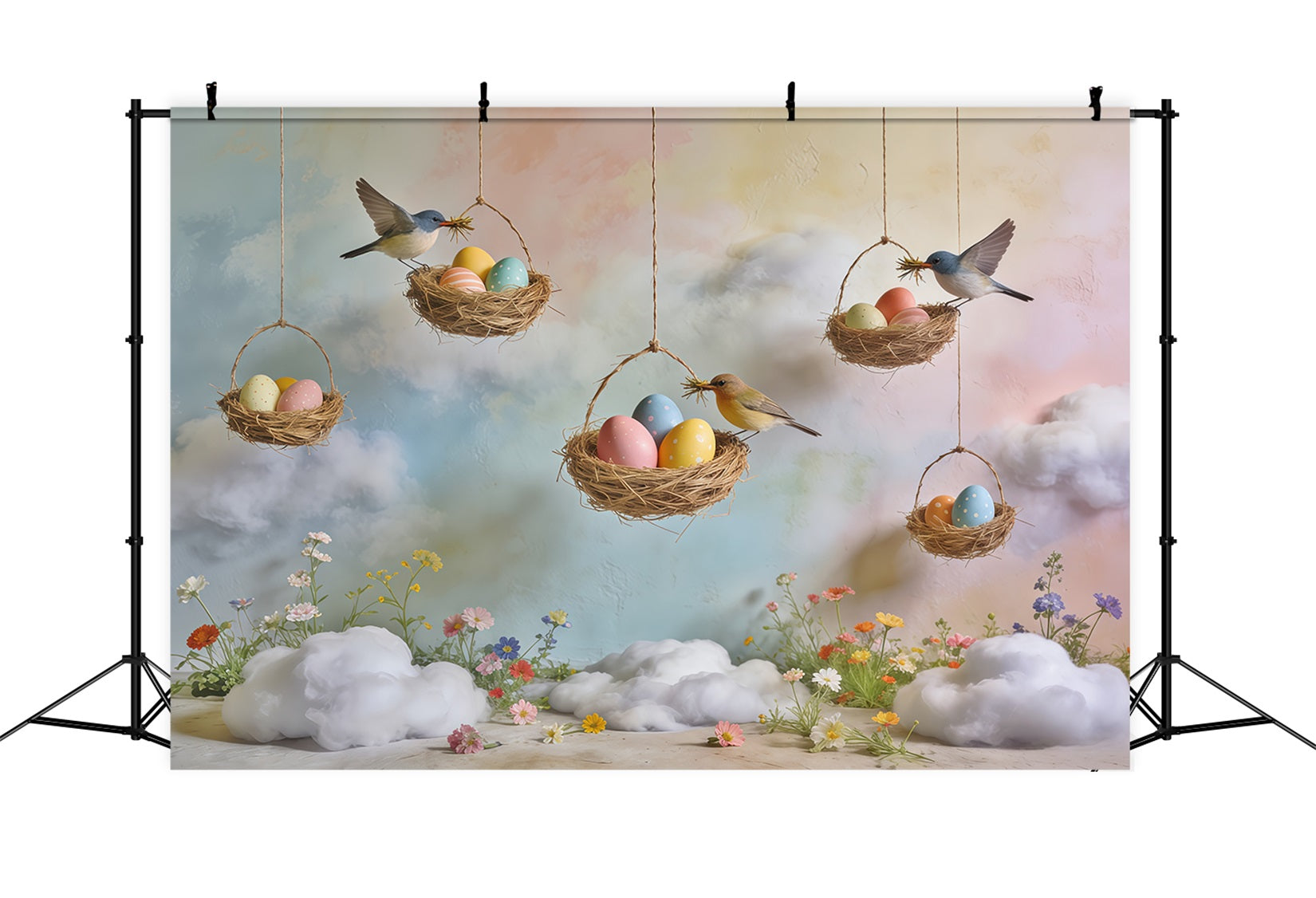 Spring Bird Nest Backdrop Egg Nest Pastel Sky Wildflower Spring Time Backdrop UK CSH61-164
