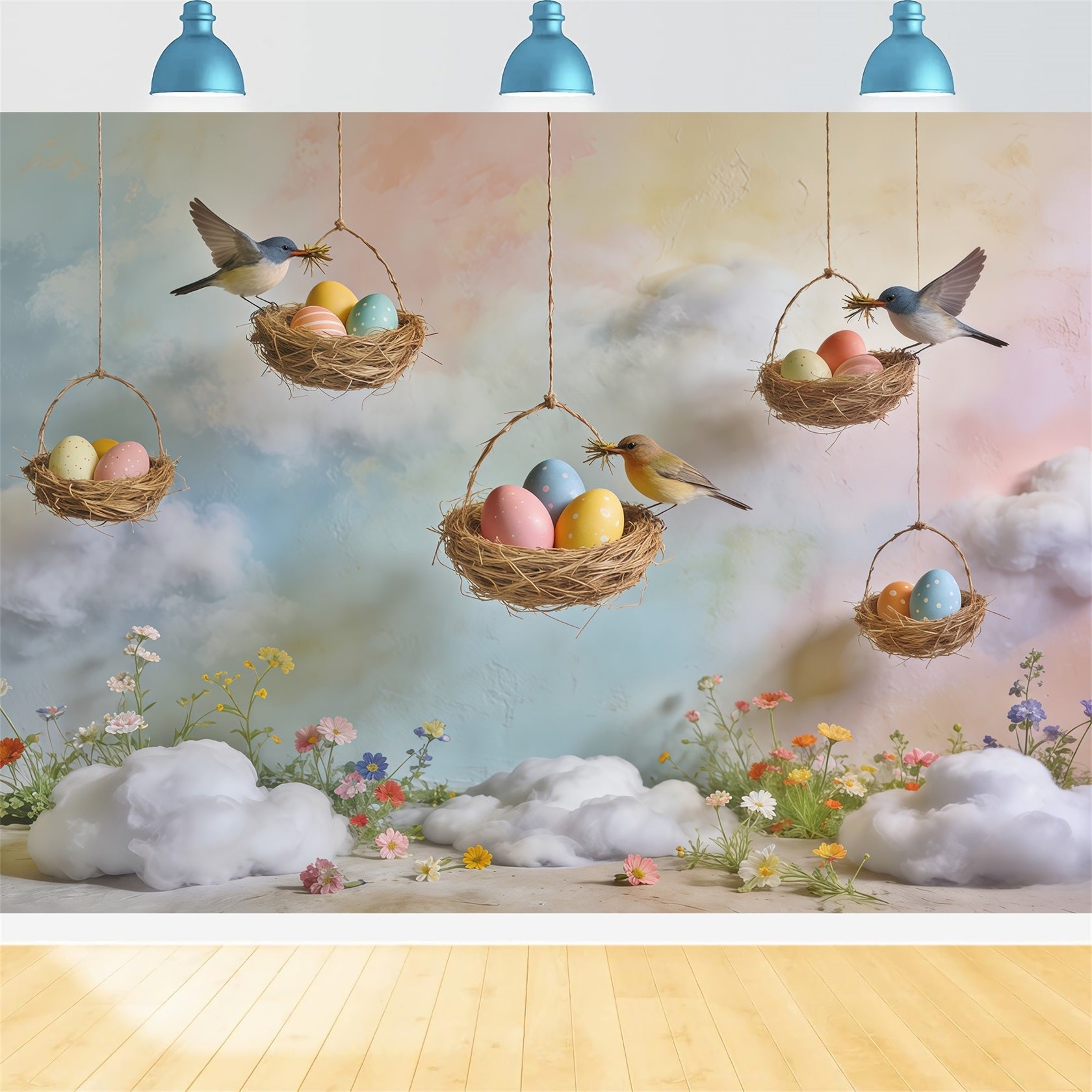 Spring Bird Nest Backdrop Egg Nest Pastel Sky Wildflower Spring Time Backdrop UK CSH61-164