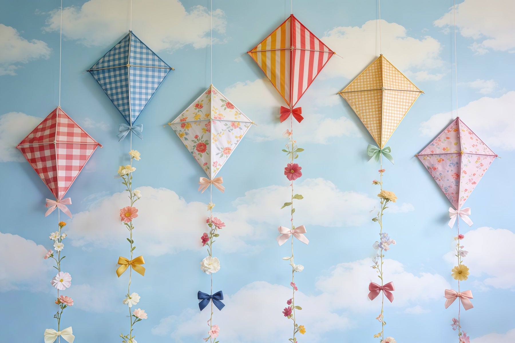 Spring Kite Backdrop Sky Cloud Pastel Bow Flowers Spring Photography Backdrop UK CSH61-165