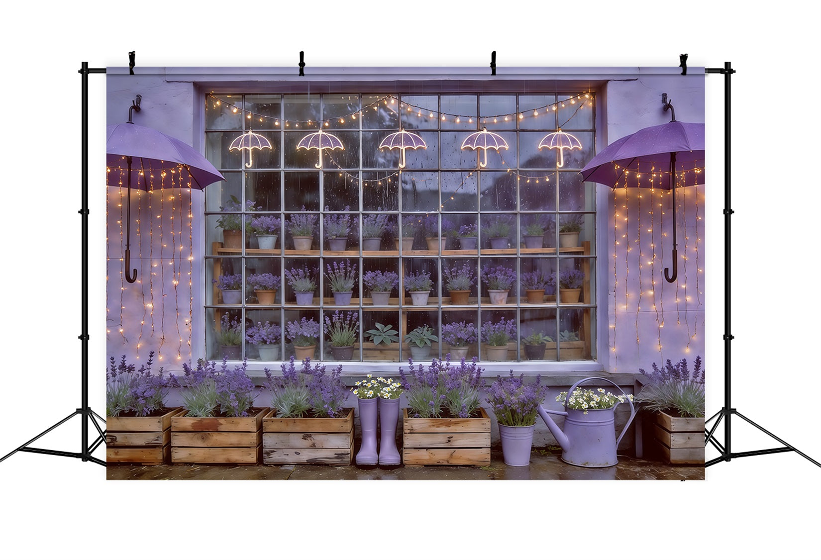 Spring Umbrella And Rain Boots Backdrop Lavender Garden Window Lights Springtime Backdrop UK CSH61-166