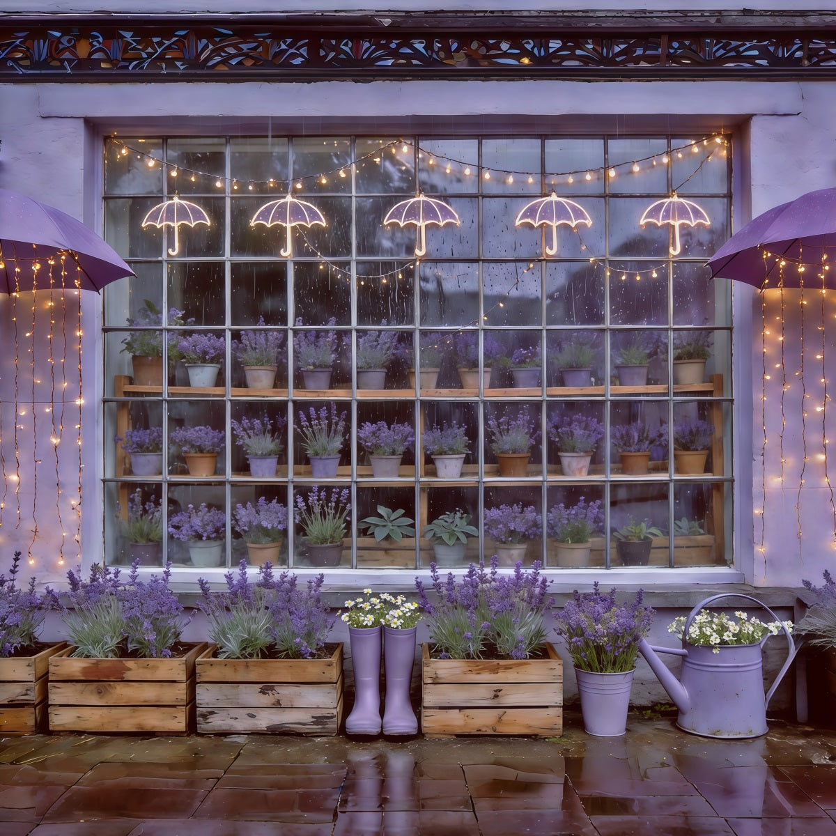 Spring Umbrella And Rain Boots Backdrop Lavender Garden Window Lights Springtime Backdrop UK CSH61-166