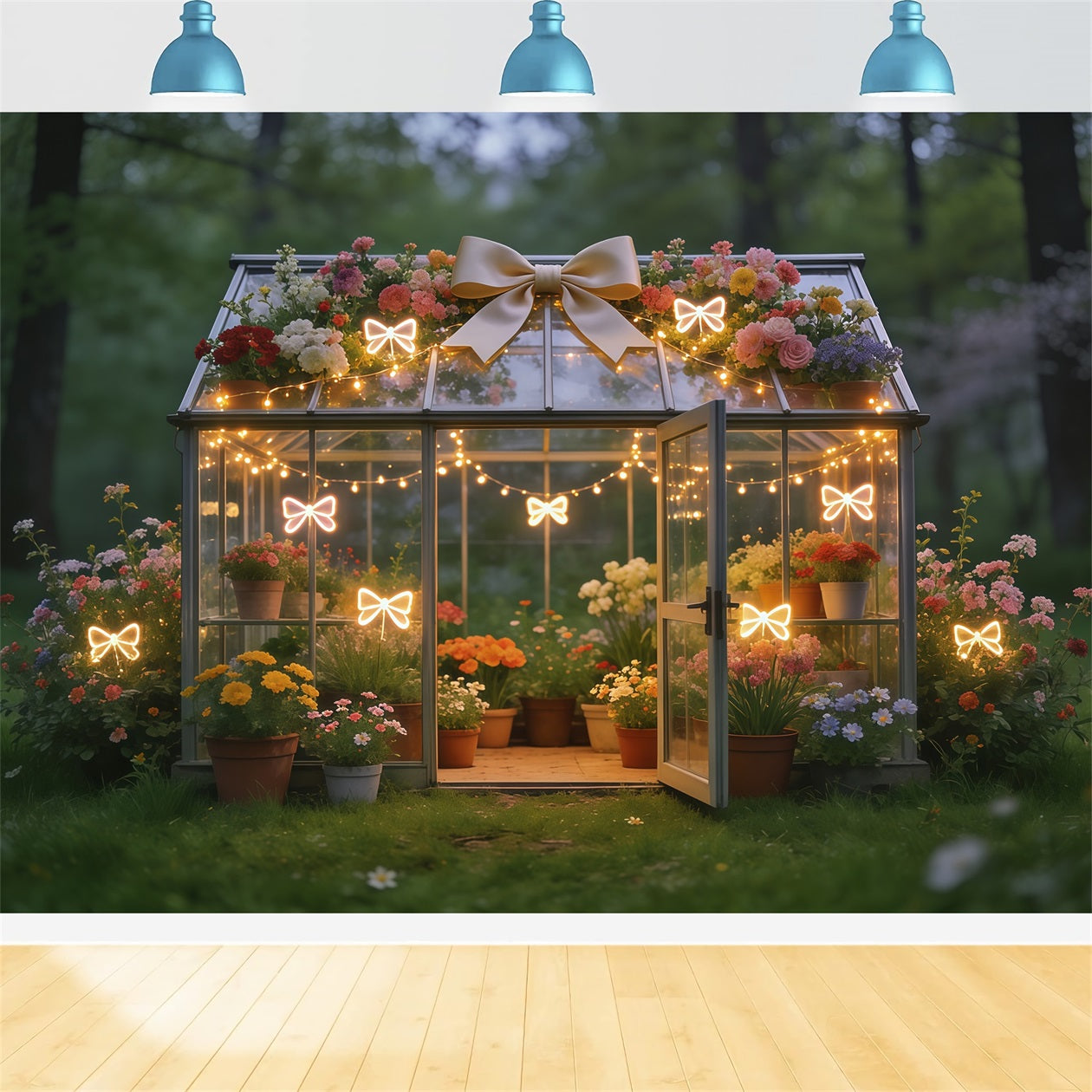 Spring Greenhouse Backdrop Glowing Bow Garden Floral Spring Backdrops UK CSH61-171