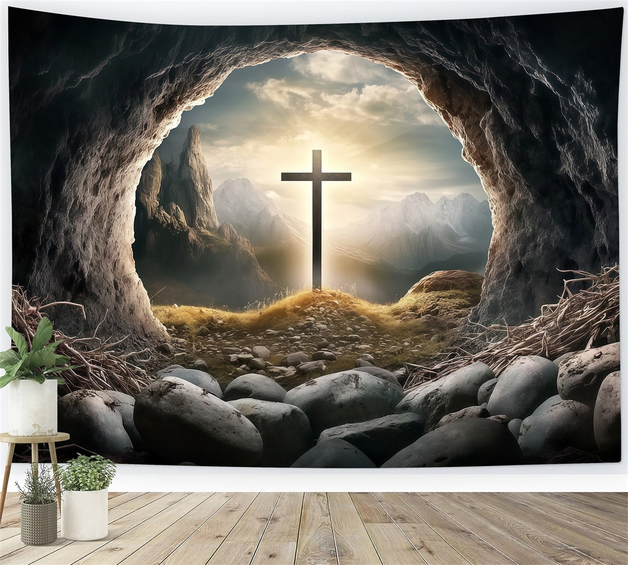 Christian Easter Backdrop Tomb Horizon Cross Glory Light Easter Backdrop UK CSH61-20