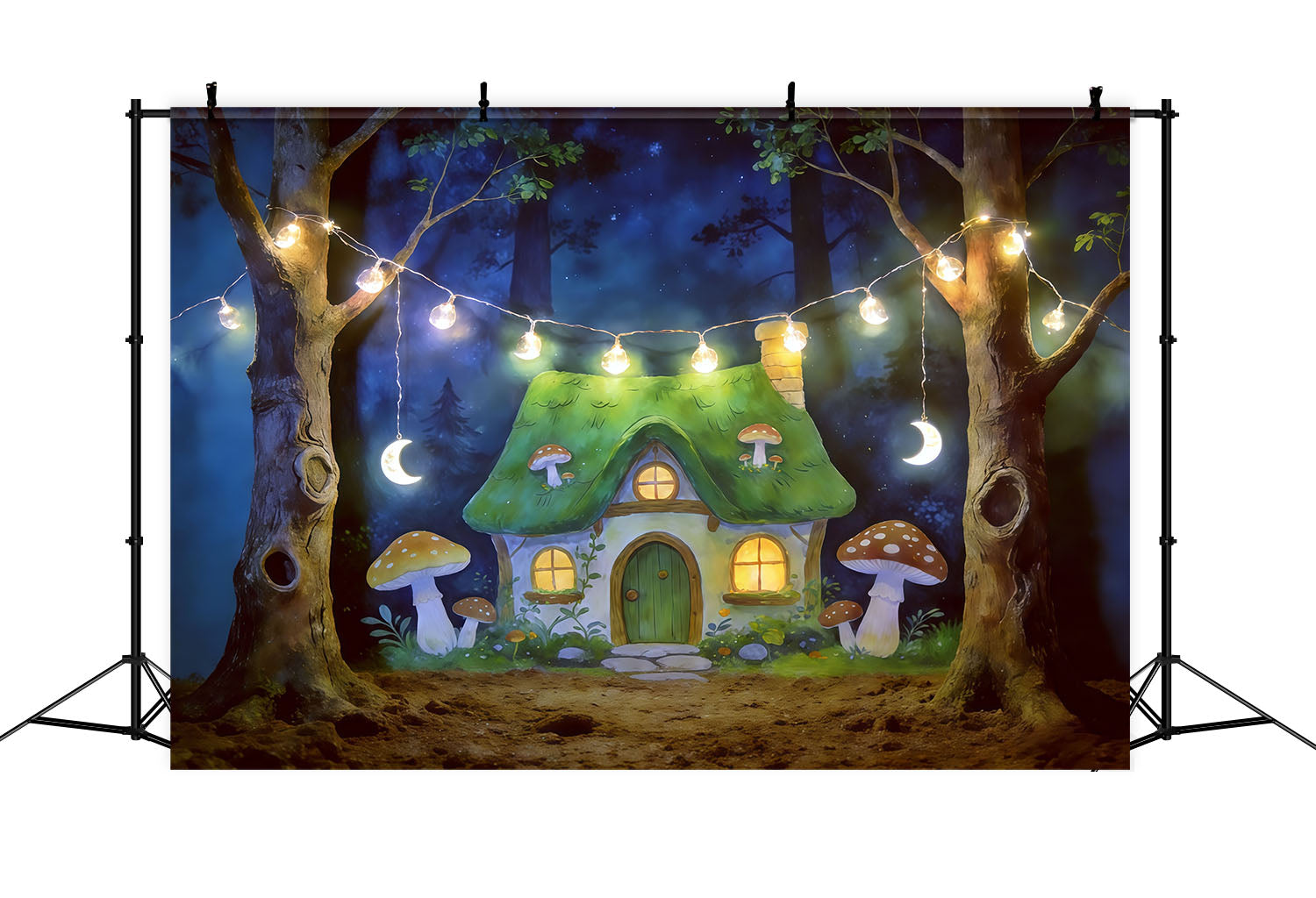 Cartoon Forest Backdrop Moonlit Mushroom Cottage Lights Forest Backdrop Ideas UK CSH61-213