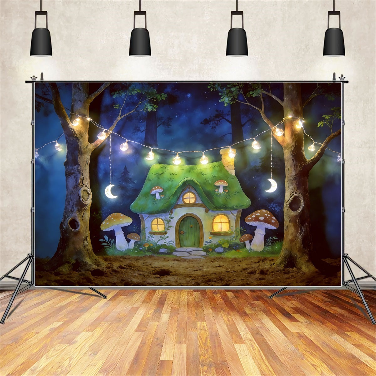 Cartoon Forest Backdrop Moonlit Mushroom Cottage Lights Forest Backdrop Ideas UK CSH61-213