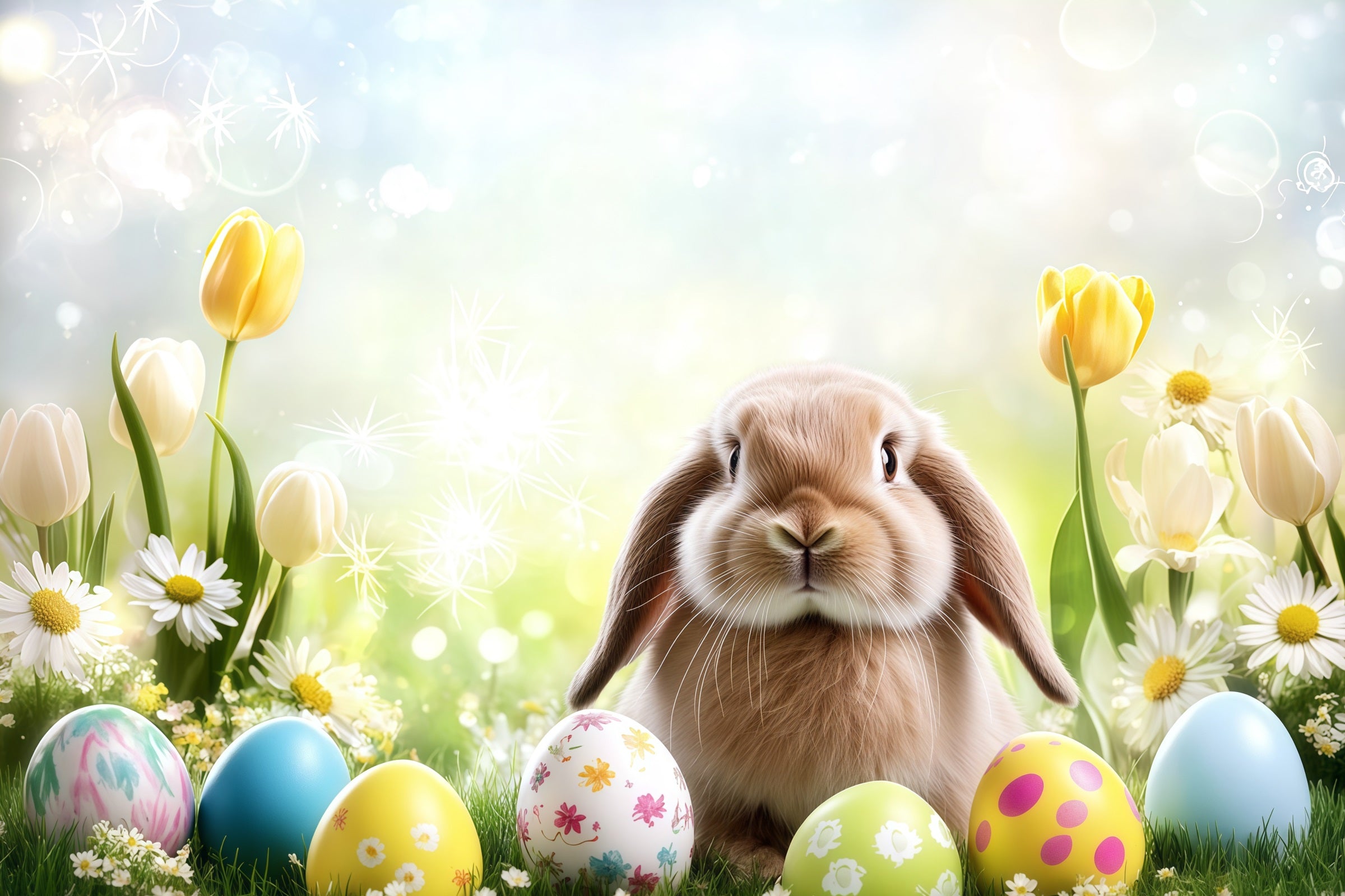 Easter Bunny Backdrop Spring Floral Eggs Bokeh Sunlight Backdrop Easter UK CSH61-25