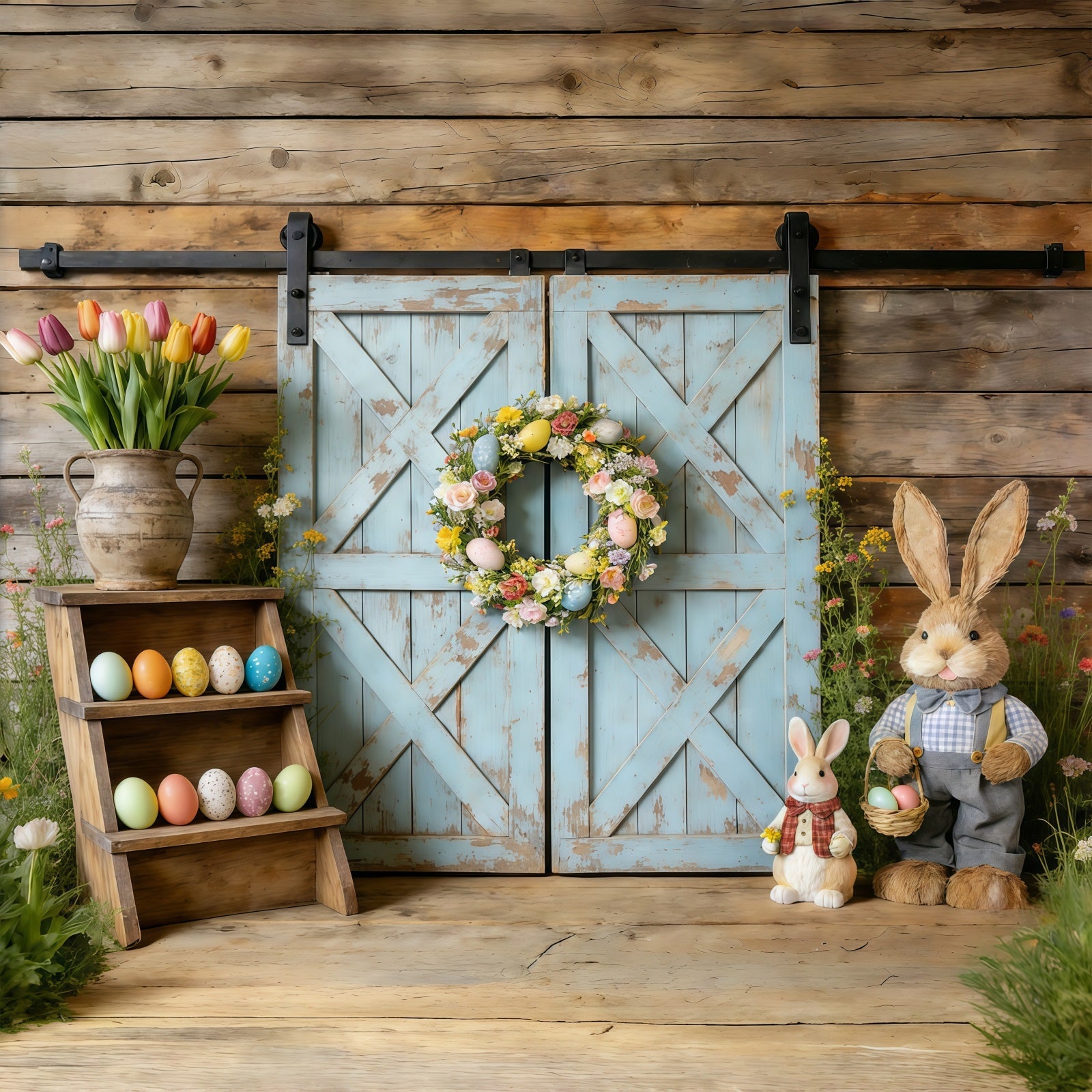 Easter Spring Floral Wreath Backdrop Rustic Blue Barn Door Wreath Easter Picture Backdrop Ideas UK CSH61-61