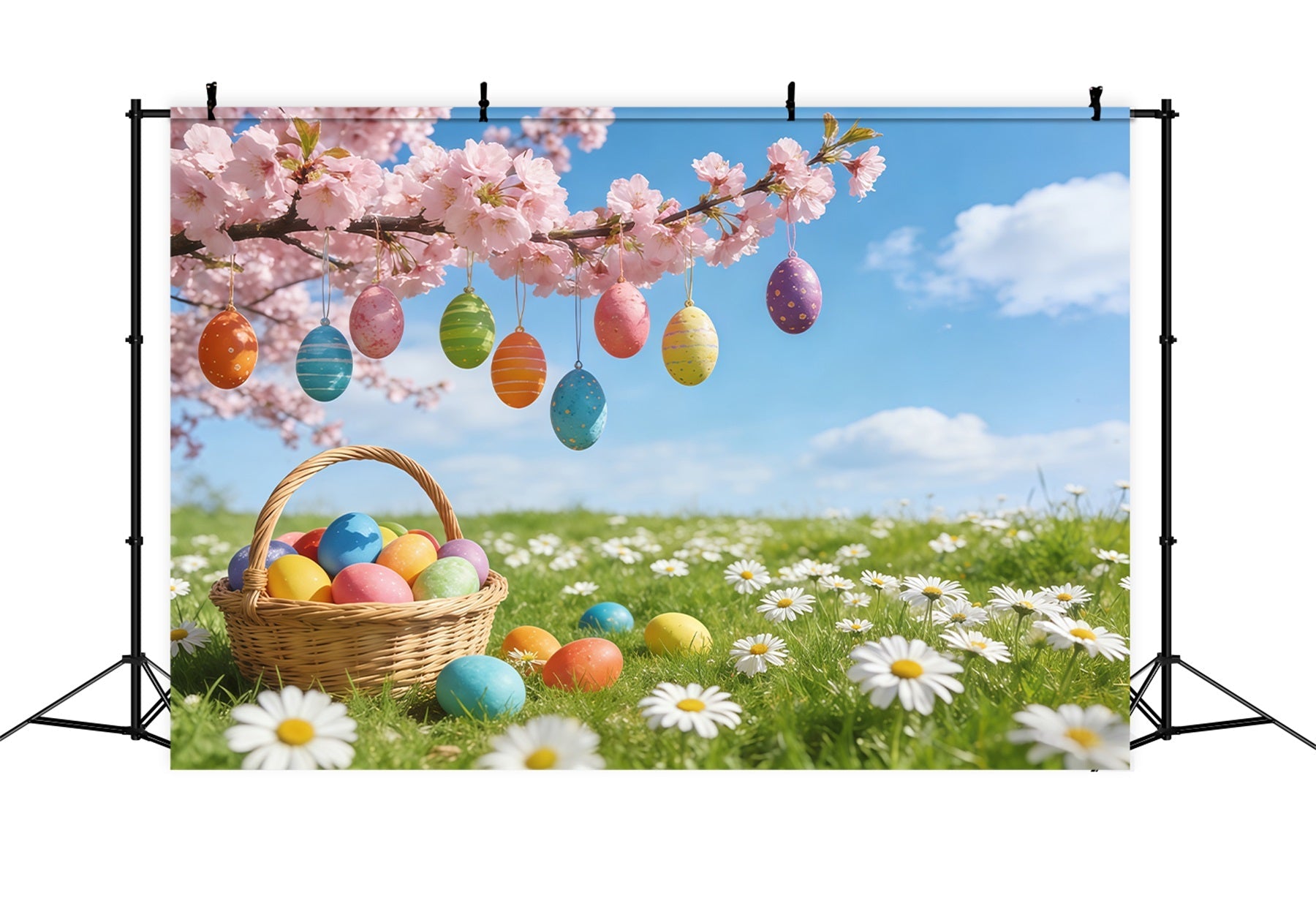 Easter Cherry Blossom Backdrop Hanging Egg Meadow Blossom Backdrops For Easter Pictures UK CSH61-70