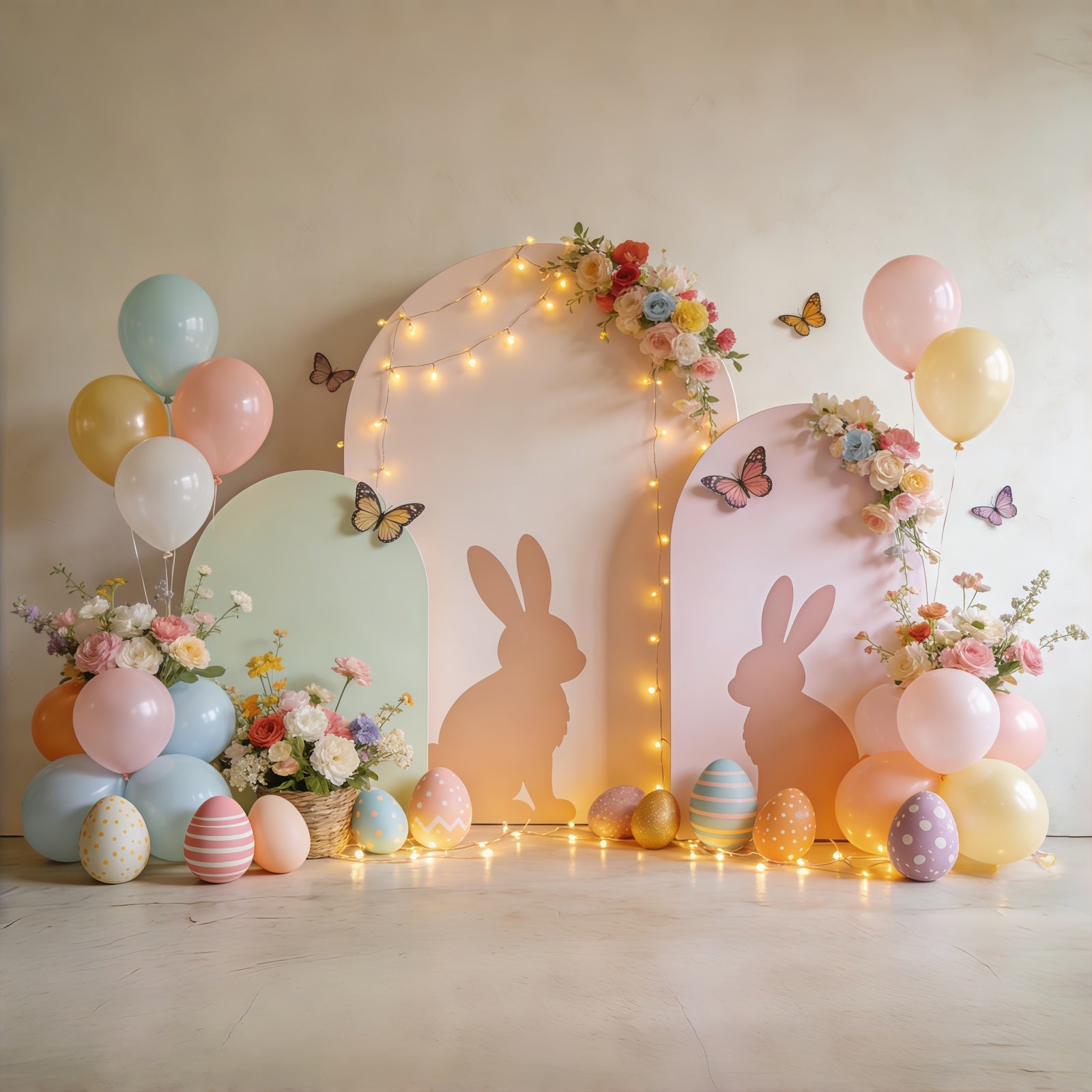 Easter Butterfly Backdrop Pastel Bunny Arch Balloon Garden Backdrop For Easter Pictures UK CSH61-72