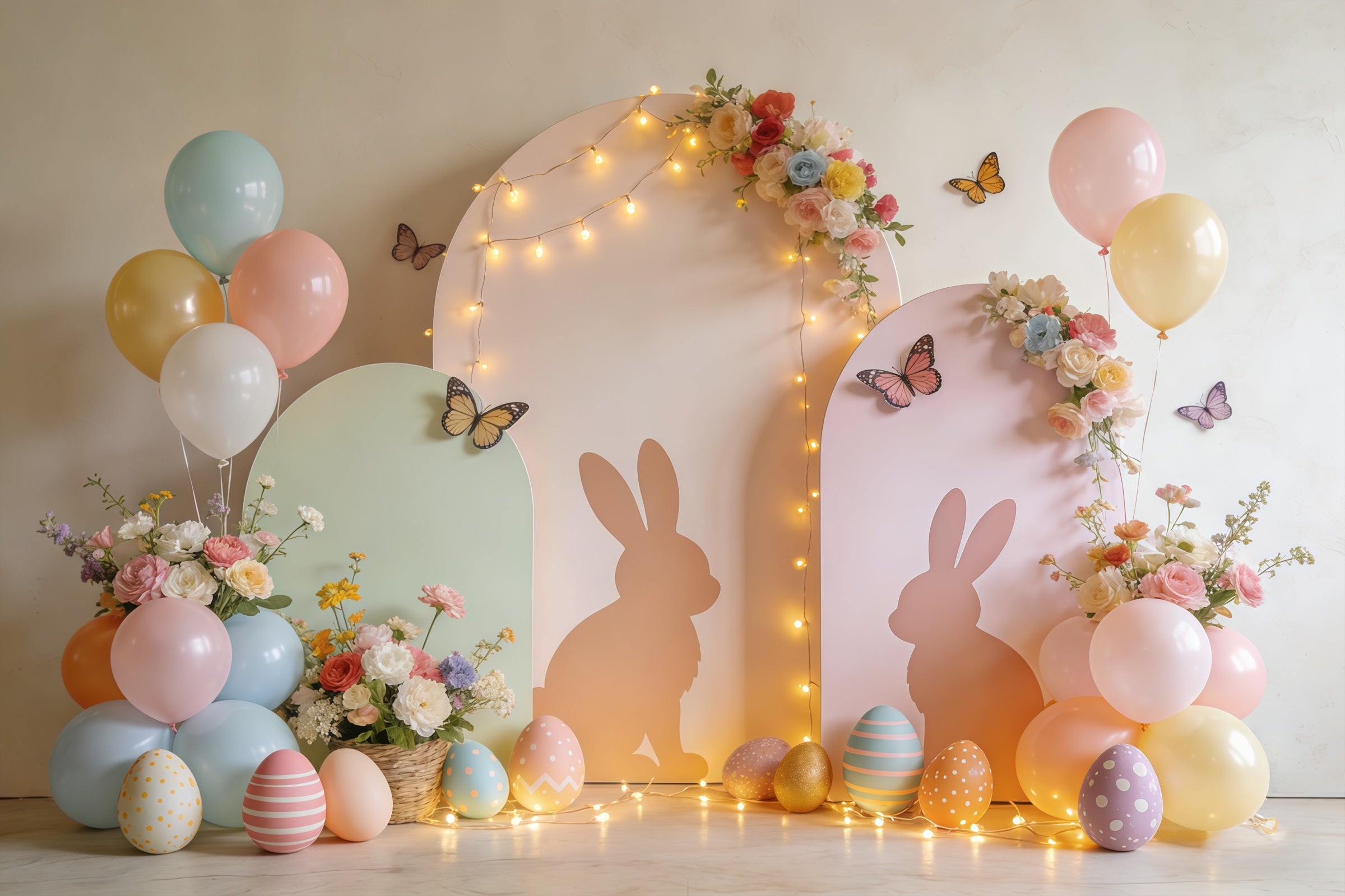 Easter Butterfly Backdrop Pastel Bunny Arch Balloon Garden Backdrop For Easter Pictures UK CSH61-72
