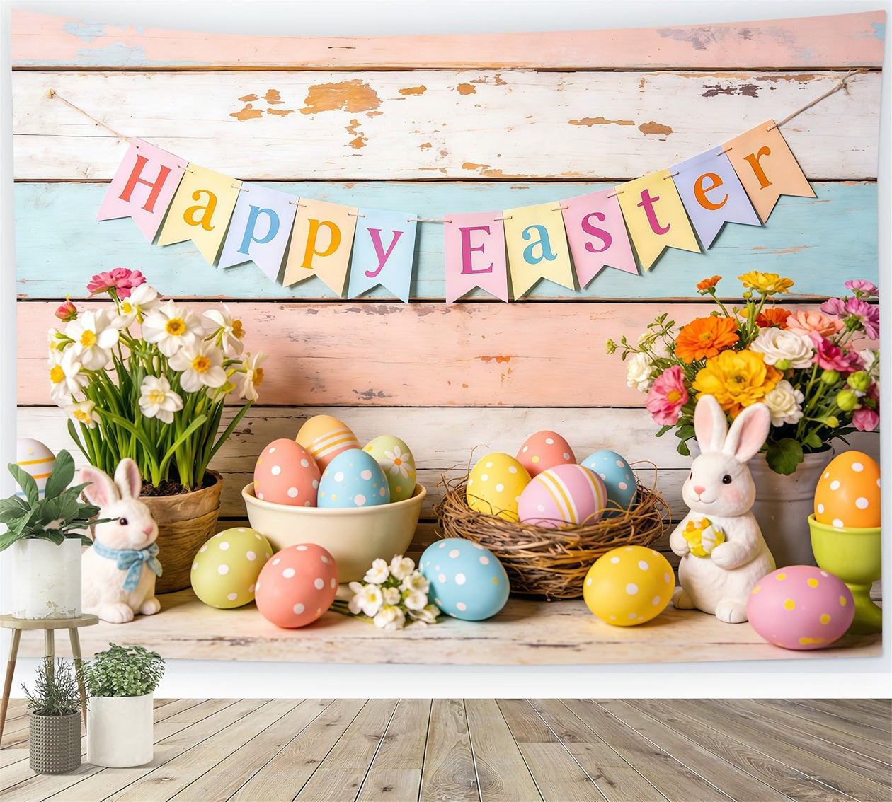 Happy Easter Backdrop Bunnies Eggs Flowers Banner Easter Themed Backdrop UK CSH61-81