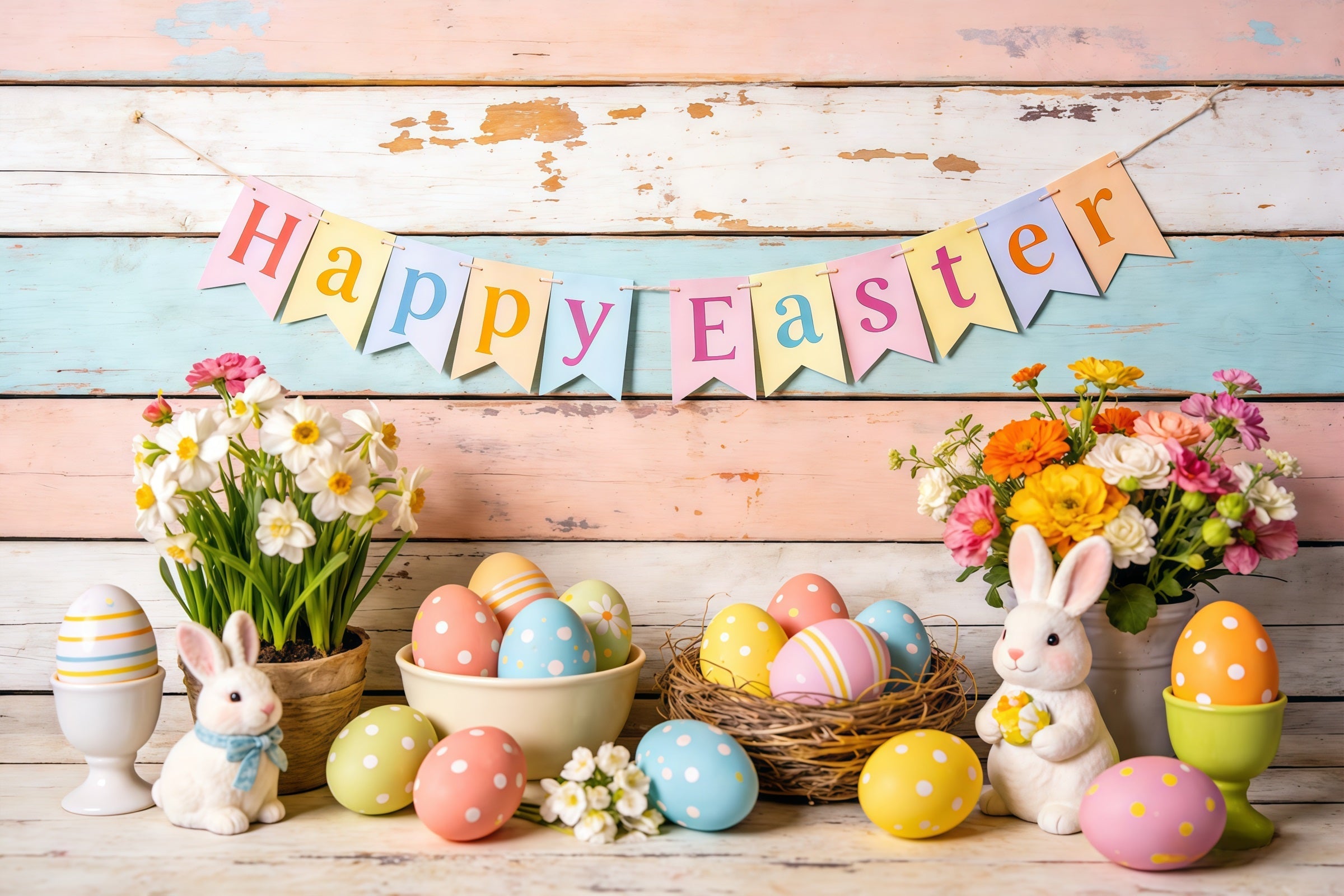 Happy Easter Backdrop Bunnies Eggs Flowers Banner Easter Themed Backdrop UK CSH61-81