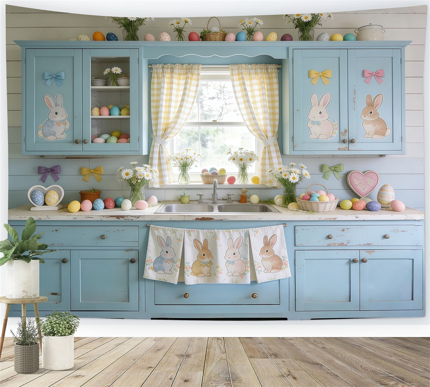 Easter Cute Backdrop Blue Cabinet Bunny Eggs Daisies Photography Backdrops Easter UK CSH61-90